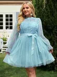 Simplee Plus Contrast Lace Flounce Sleeve Belted Mesh Dress - Baby Blue - View 1