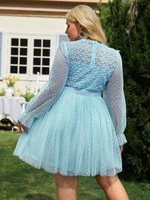 Simplee Plus Contrast Lace Flounce Sleeve Belted Mesh Dress - Baby Blue - View 2