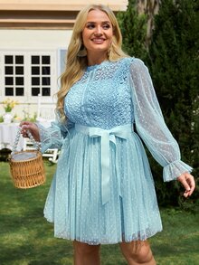 Simplee Plus Contrast Lace Flounce Sleeve Belted Mesh Dress - Baby Blue - View 3