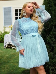 Simplee Plus Contrast Lace Flounce Sleeve Belted Mesh Dress - Baby Blue - View 5