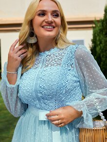 Simplee Plus Contrast Lace Flounce Sleeve Belted Mesh Dress - Baby Blue - View 6