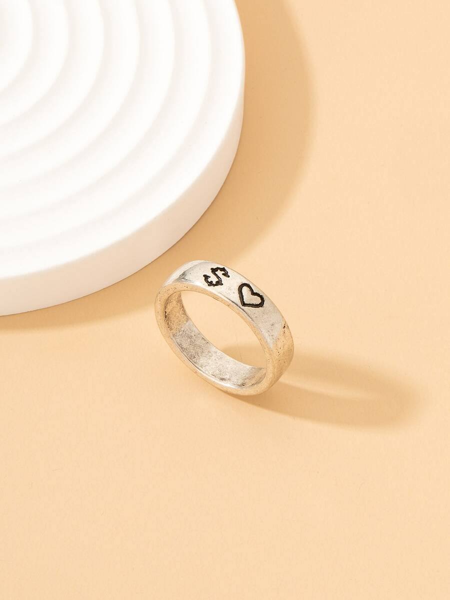 Anillo con estampado de corazón y letra - Plata antigua - Ver 1