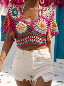 SHEIN VCAY Striped Hollow Out Crop Knit Top - Multicolor - View 4