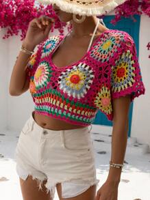 SHEIN VCAY Striped Hollow Out Crop Knit Top - Multicolor - View 6