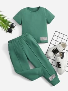 SHEIN Leap Crew Bộ thời trang bé trai Đắp vá Nhiệt đới Slogan Giải trí - màu xanh lá - Xem 1