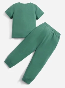 SHEIN Leap Crew Bộ thời trang bé trai Đắp vá Nhiệt đới Slogan Giải trí - màu xanh lá - Xem 2