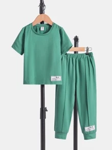SHEIN Leap Crew Bộ thời trang bé trai Đắp vá Nhiệt đới Slogan Giải trí - màu xanh lá - Xem 3
