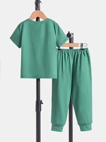 SHEIN Leap Crew Bộ thời trang bé trai Đắp vá Nhiệt đới Slogan Giải trí - màu xanh lá - Xem 4