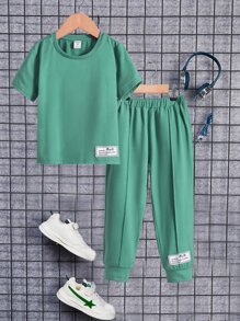 SHEIN Leap Crew Bộ thời trang bé trai Đắp vá Nhiệt đới Slogan Giải trí - màu xanh lá - Xem 7