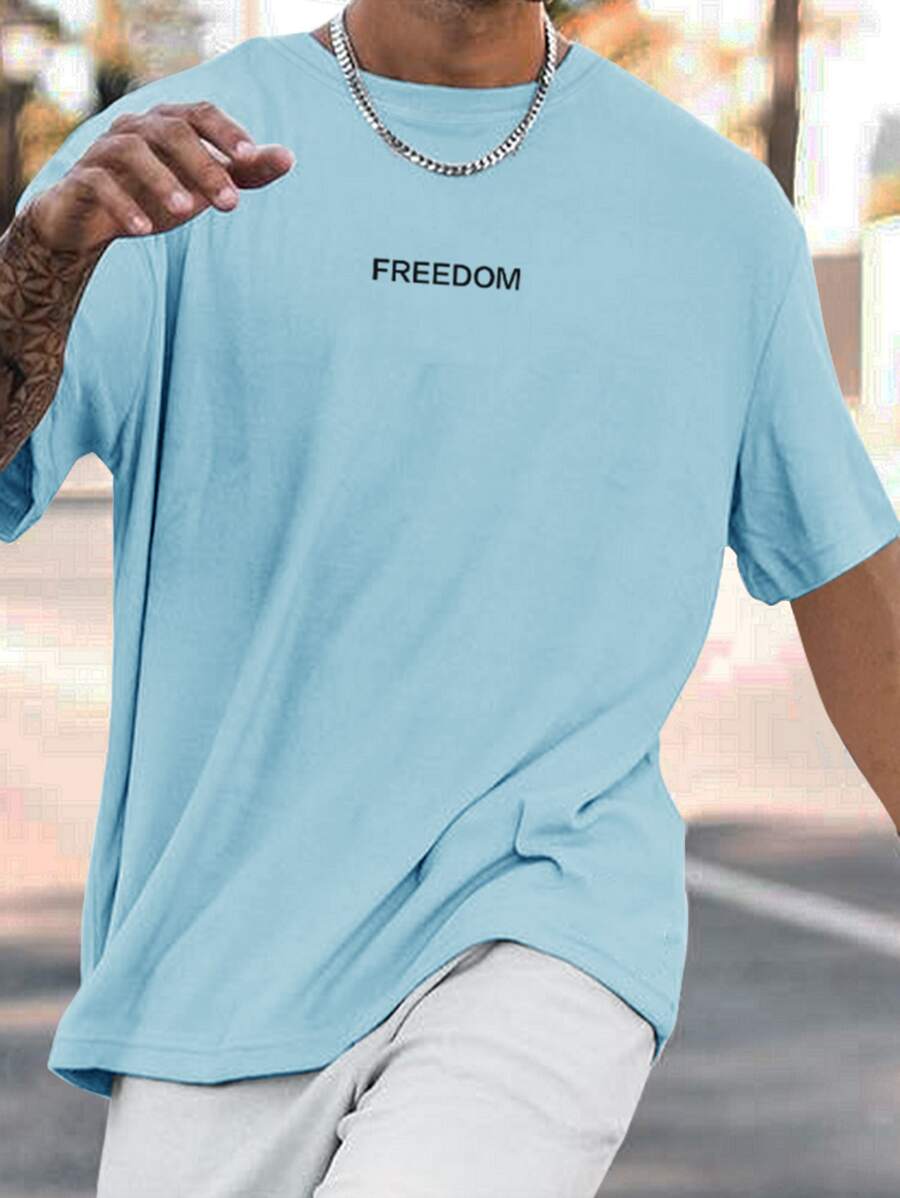 Manfinity Homme Hombres Camiseta con estampado de letra - Azul - Ver 1