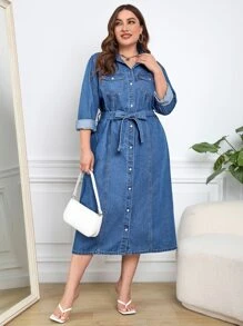 EMERY ROSE Đầm Denim kích thước lớn Thắt lưng Túi Nút phía trước màu trơn Giải trí - Rửa trung bình - Xem 2