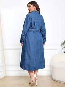 EMERY ROSE Đầm Denim kích thước lớn Thắt lưng Túi Nút phía trước màu trơn Giải trí - Rửa trung bình - Xem 3