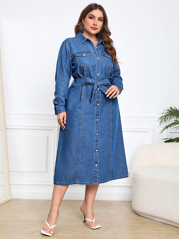 SHEIN Clasi Plus rochie din denim cu curea cu buzunar cu clapă