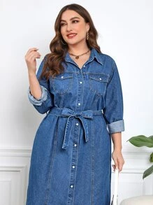 EMERY ROSE Đầm Denim kích thước lớn Thắt lưng Túi Nút phía trước màu trơn Giải trí - Rửa trung bình - Xem 4