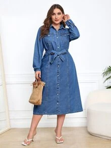 EMERY ROSE Đầm Denim kích thước lớn Thắt lưng Túi Nút phía trước màu trơn Giải trí - Rửa trung bình - Xem 5