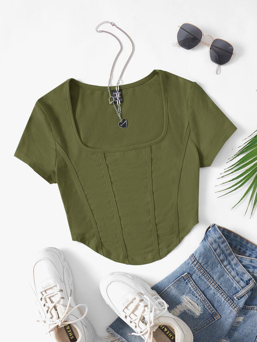 SHEIN EZwear Square Neck Curved Hem Crop Tee - Army Green - View 1