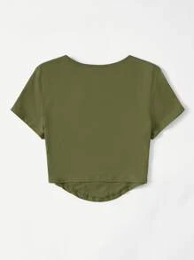 SHEIN EZwear Square Neck Curved Hem Crop Tee - Army Green - View 2