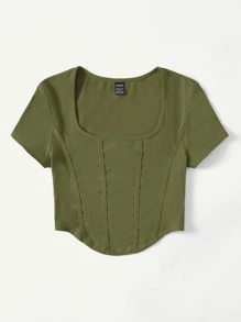 SHEIN EZwear Square Neck Curved Hem Crop Tee - Army Green - View 3