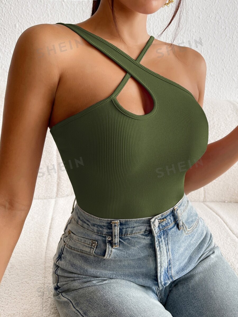SHEIN BAE Top din tricot cu nervuri, asimetric, încrucișat - Verde Armată - Vizualizare 1