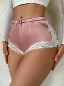 Contrast Lace Bow Front Satin Panty - Dusty Pink - View 3