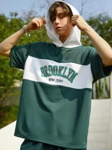 Manfinity Men Letter Graphic Hooded Tee & Drawstring Waist Shorts - Green - View 3