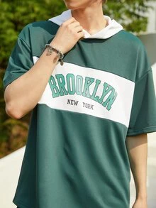 Manfinity Men Letter Graphic Hooded Tee & Drawstring Waist Shorts - Green - View 4