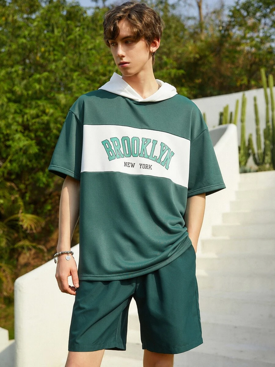 Manfinity Men Letter Graphic Hooded Tee & Drawstring Waist Shorts - Green - View 1