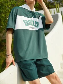 Manfinity Men Letter Graphic Hooded Tee & Drawstring Waist Shorts - Green - View 6