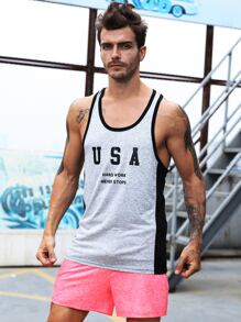 Men Letter Graphic Contrast Binding Sports Tank Top - Grey - View 3