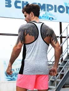 Men Letter Graphic Contrast Binding Sports Tank Top - Grey - View 2