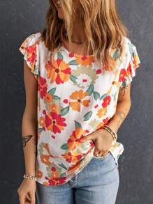 Floral Print Butterfly Sleeve Blouse - Multicolor - View 1