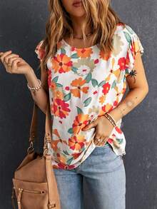 Floral Print Butterfly Sleeve Blouse - Multicolor - View 3