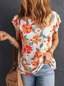 Floral Print Butterfly Sleeve Blouse - Multicolor - View 4