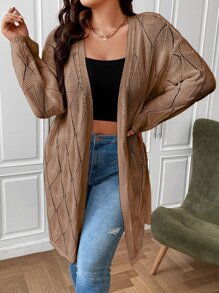 Calvaya 大码镂空针织落肩开衫 - 卡其色 - 查看 4