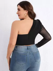 SHEIN Privé áo nữ kích thước lớn Bất đối xứng Tương phản Mesh Xù màu trơn Giải trí - màu đen - Xem 2