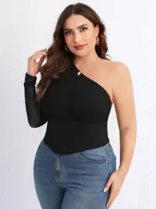 SHEIN Privé áo nữ kích thước lớn Bất đối xứng Tương phản Mesh Xù màu trơn Giải trí - màu đen - Xem 3