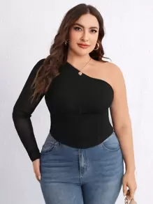 SHEIN Privé áo nữ kích thước lớn Bất đối xứng Tương phản Mesh Xù màu trơn Giải trí - màu đen - Xem 4