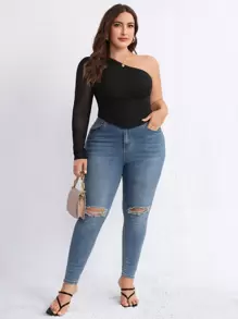 SHEIN Privé áo nữ kích thước lớn Bất đối xứng Tương phản Mesh Xù màu trơn Giải trí - màu đen - Xem 6