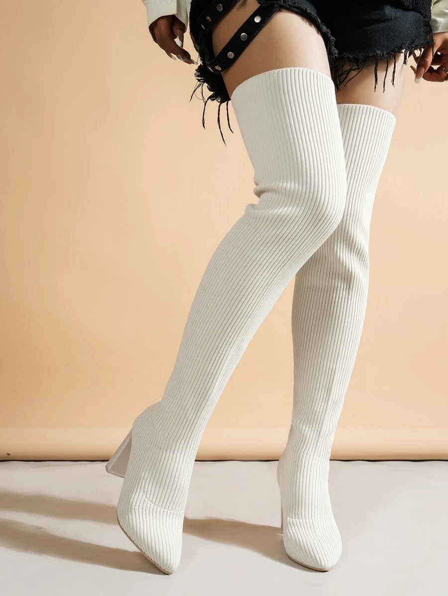 女士尖頭粗跟一腳蹬短襪優雅白色針織及膝長靴 - 米色 - 查看 1