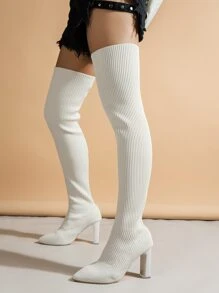 女士尖頭粗跟一腳蹬短襪優雅白色針織及膝長靴 - 米色 - 查看 2