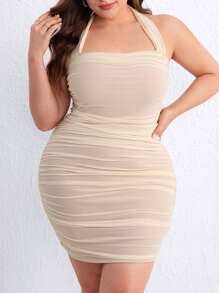 SHEIN Privé Plus Ruched Backless Halter Bodycon Dress - Beige - View 1