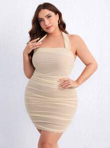 SHEIN Privé Plus Ruched Backless Halter Bodycon Dress - Beige - View 4