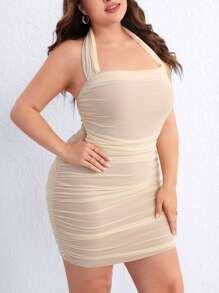 SHEIN Privé Plus Ruched Backless Halter Bodycon Dress - Beige - View 6