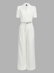 BizChic Lapel Neck Wrap Button Side Blouse & Wide Leg Pants Workwear - White - View 8