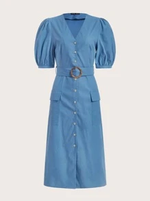 BizChic 棉泡泡袖翻蓋口袋繫腰帶洋裝工作服