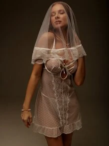 波點網紗鏤空鋼圈性感睡裙附丁字褲帶頭紗 - 白色 - 查看 1