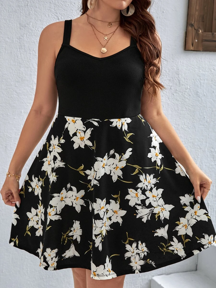 SHEIN VCAY Váy yếm in hoa Boho cỡ lớn, dành cho mùa hè - Nhiều màu - Xem 1