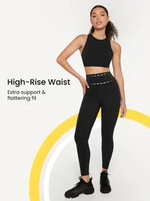 GLOWMODE 24" Yoga Leggings Scalloped Edges Waist Running Tights - Black - View 4