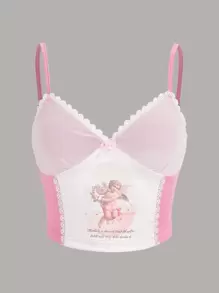 SHEIN ICON 人像圖案蕾絲邊前蝴蝶結吊帶上衣 - 彩色 - 查看 1