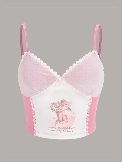 SHEIN ICON Figure Graphic Lace Trim Bow Front Cami Top